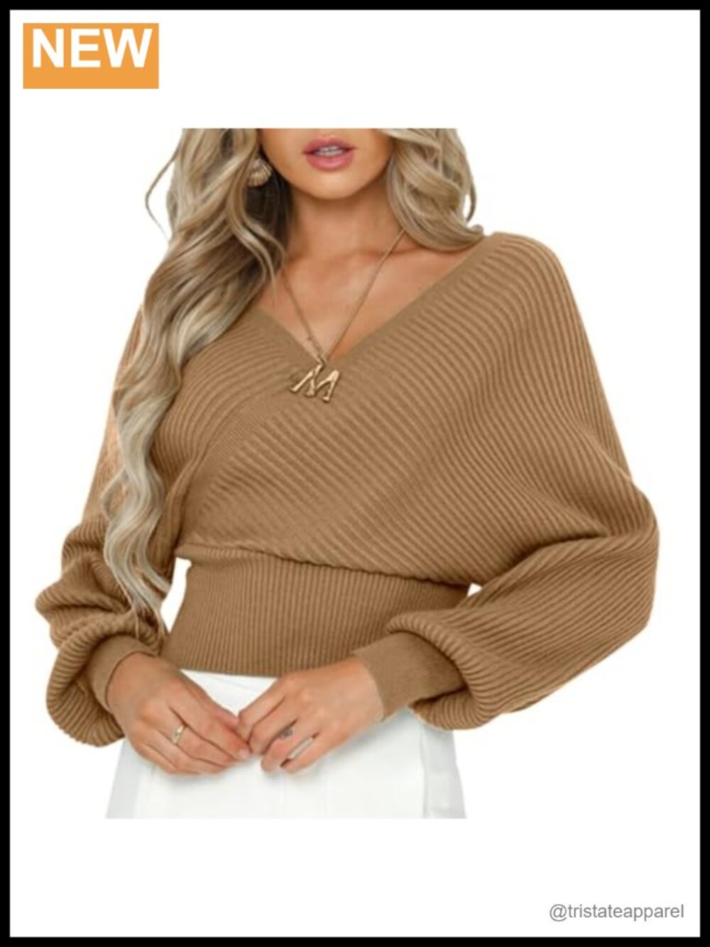 Women's V Neck Cropped Wrap Knit Sweater Drop Shoulder Lantern Sleeve Sexy